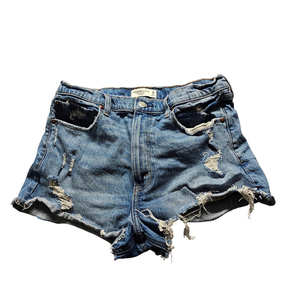 Abercrombie & Fitch The Mom Short Womens 30/10 Blue High Rise Distressed Denim